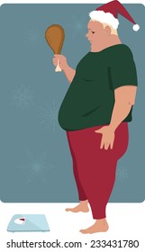 Overweight Caucasian man with a turkey drumstick in his hand and Santa hat on his head anxious to step on the scales, vector illustration, no transparencies, EPS 8