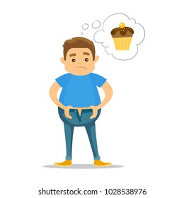 Overweight caucasian white man dreaming about cupcake and trying to fasten his too small pants because of obesity. Unhealthy lifestyle concept. Vector cartoon illustration isolated on white background