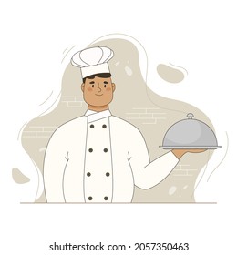 Overweight chef hold dish closed with cloche. Vector flat cartoon illustration