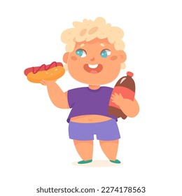 Overweight child eating hot dog vector illustration. Cartoon isolated funny hungry boy with tummy and chubby face holding hotdog and sweet soda bottle in hands to eat and drink unhealthy fast food