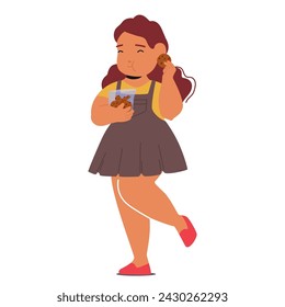 Overweight Child Girl, Cheeks Full, Clutching A Handful Of Cookies. Each Bite Is Savored, Crumbs Cascading Down, Reflecting A Mix Of Joy And Oblivious Indulgence. Cartoon People Vector Illustration