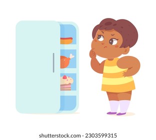 Niños con sobrepeso pensando en comida cerca de la ilustración vectorial de la puerta del refrigerador abierto. Caricatura aislada niña hambrienta graciosa con la cara de barriga y gordura parada cerca del refrigerador con comida grasa no saludable