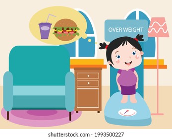 Overweight child vector concept. Fat little girl thinking fast food while standing on the scales with overweight word in the living room