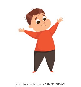 Chico Chubby con sobrepeso, Carácter infantil malsano y alegre que hace deporte Ejercicio de dibujo animado Ilustración vectorial