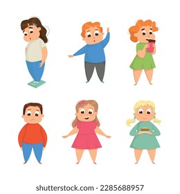 Overweight Chubby Girls and Boys and Cute Plump Kids Characters Vector Set