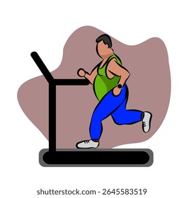 Overweight chubby man running on treadmill.