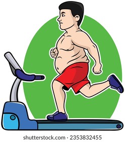 Overweight chubby young man running on treadmill, Fat man running to lose weight, jogging on a treadmill, Obese young man running on a treadmill, Vector cartoon fat man on treadmill. 