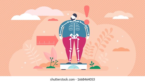 Overweight Concept, Flat Tiny Person Vector Illustration. Weight Loss Creative Graphic Art With Very Obese Man On Scales And Slim Skeleton Beneath The Fat. Unhealthy Eating Habits And Bad Nutrition.