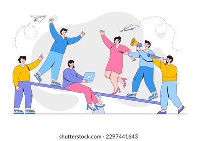 Overweight, cost, power and comparison concept. Groups of people on a swing and outweighs them. Outline design minimal vector illustration for landing page, web banner, infographics, hero images.