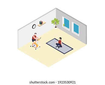 Overweight Couple Doing Yoga And Riding Exercise Bike To Loss Weight At Home. Isometric Vector Concept