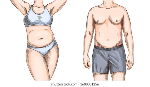 Overweight Couple, Man And Woman Torso, Full Color Sketch, Hand Drawn Vector Illustration