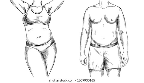 Overweight couple  man   woman torso  black sketch  hand drawn vector illustration