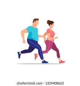 Overweight Couple Running. Health And Fitness. Vector Illustration.