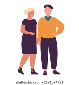 Overweight couple standing close, depicting diverse body types and contemporary fashion choices. The woman is holding her partner s arm, both smiling warmly vector illustration.