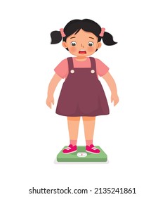 overweight cute little girl with body fat standing on the weighing scale look surprise when measuring her weight 