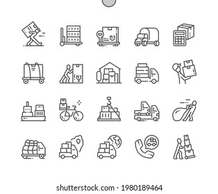 Overweight delivery. Warehouse. Freight car. Courier with box. Big cargo. Commercial, logistic, transportation and service. Pixel Perfect Vector Thin Line Icons. Simple Minimal Pictogram