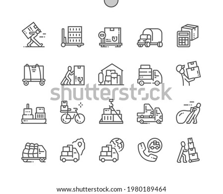 Overweight delivery. Warehouse. Freight car. Courier with box. Big cargo. Commercial, logistic, transportation and service. Pixel Perfect Vector Thin Line Icons. Simple Minimal Pictogram