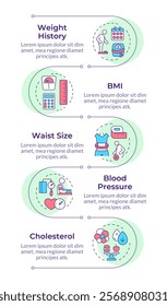 Overweight diagnosis symptoms infographic vertical sequence. Health issue. Cholesterol, unhealthy. Visualization infochart with 5 steps. Circles workflow