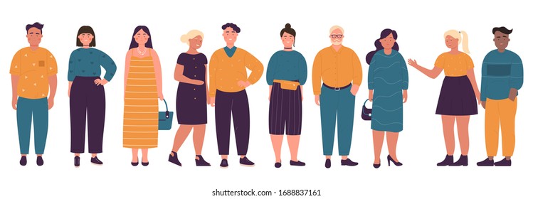 Overweight different age men and women color flat vector illustration set isolated on white background. Collection positive smiling and serious fat characters standing in full face and height