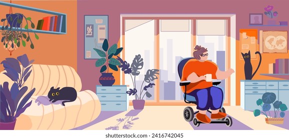 An overweight disabled woman in a chair strokes a cat in a cozy room. Inclusion concept. Social adaptation. Vector illustration.