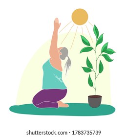 Overweight elderly woman doing fitness at home. Vector illustration. Print, design element.