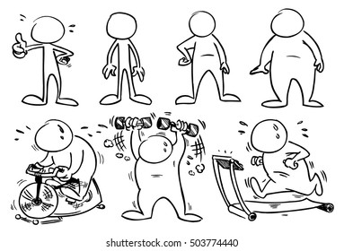Overweight faceless characters exercising and training