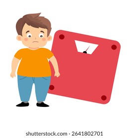 
Overweight fat boy with fat belly surprised to see his weight on the scale