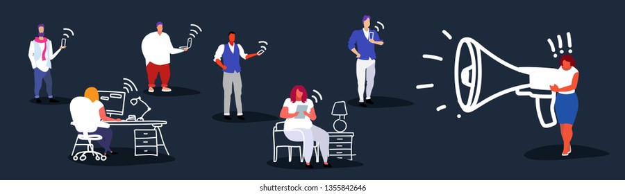 overweight fat businesswoman boss holding megaphone screaming at office workers using digital devices obese female leader information announcement sketch doodle horizontal