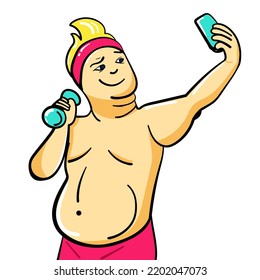 Overweight Fat Happy Man Holding A Dumbbell, Taking A Selfie On Phone. Weight Loss Vector Illustration