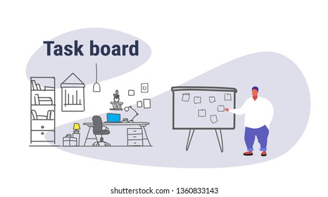 overweight fat man planning weekly meeting schedule on task board with stickers notes to do list casual over size businessman manager modern office interior sketch doodle horizontal