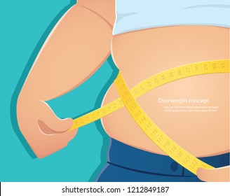 overweight, fat person use scale to measure his waistline with blue background vector illustration eps10