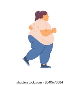 Overweight fat woman running or jogging, flat vector illustration isolated on white background. Obesity and excess weight problem. Getting slim with run and sport.