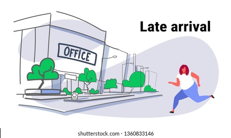 overweight fat woman running to work female over size worker late arrival concept modern city office building view cityscape sketch doodle full length horizontal