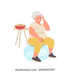 Overweight fatty elderly woman cartoon character doing training workout on fitball to loss weight