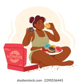 Carácter femenino con sobrepeso y alimentación obsesiva que consume los pensamientos de la mujer, y no puede dejar de consumir alimentos insalubres, lo que lleva a efectos negativos. Ilustración de vectores de personas de caricatura