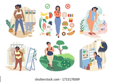 Overweight female character set, vector flat isolated illustration. Plus size girls in front of mirrors, on scales. Unhappy women suffering from obesity. Weight problems and diet, obesity depression.