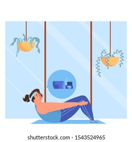 Overweight girl doing exercise, training to have a fit figure. Fat woman doing activities instead of non-healthy lifestyle.
