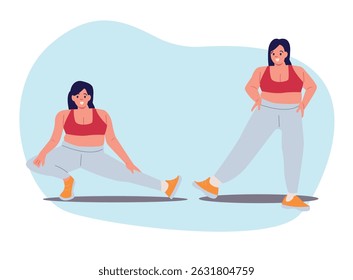 Overweight girl doing morning exercises, size plus woman doing sports, doing exercises, fitness, dancing, group sports. Flat Vector Illustration.