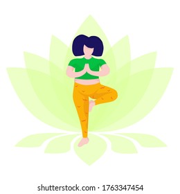 Overweight girl is doing yoga on the background of the lotus. Happy yoga woman with weight plus size. Vector illustration in a flat style. 