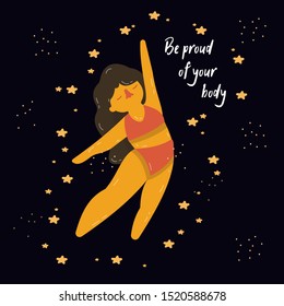 Overweight girl flies in space with a quote. Love and respect for the body. Feminism. Body positive. Simple vector illustration.