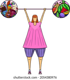 An overweight girl goes in for sports. Fruits, vegetables, sweets. Stylized vector drawing on the theme of fitness, diet, overweight