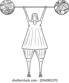 An overweight girl goes in for sports. Fruits, vegetables, sweets. Stylized vector drawing on the theme of fitness, diet, overweight