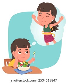 Overweight girl on diet dreaming about slim figure. Sad obese woman person eating vegetable salad food dreaming about fit body. Weight loss, obesity problem, health concept flat vector illustration