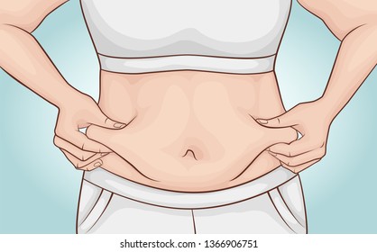 Overweight. The girl pinches the fold of fat on her stomach with her hands.