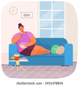 Overweight girl resting on sofa and has bad lifestyle. Plump woman eating fries, donuts, hamburger, sparkling water. Cartoon woman has health problems. Fat person eating junk food with lot of calories