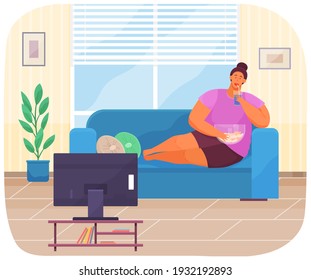 Overweight girl resting on sofa and has bad lifestyle. Plump woman eating fries, donuts, hamburger, sparkling water. Cartoon woman has health problems. Fat person eating junk food with lot of calories