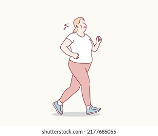 overweight girl running. Hand drawn style vector design illustrations.