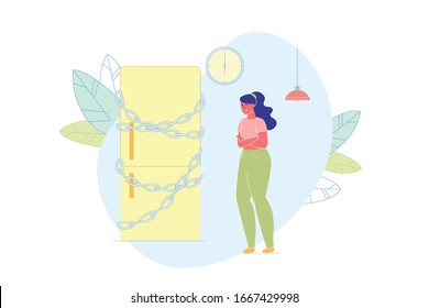 Overweight Girl Standing near Closed or Locked Refrigerator with Chains Flat Cartoon Vector Illustration. Diet Concept. Young Woman Stops Food Eating in Evening. Obese Character Losing Weight.