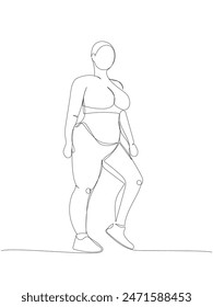 overweight girl in a tracksuit one line art. Continuous line drawing of body positive, overweight, plus size model, XL, health, fashion, self acceptance.