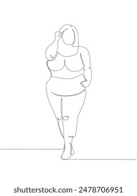 overweight girl in a tracksuit one line art. Continuous line drawing of body positive, overweight, plus size model, XL, health, fashion, self acceptance.